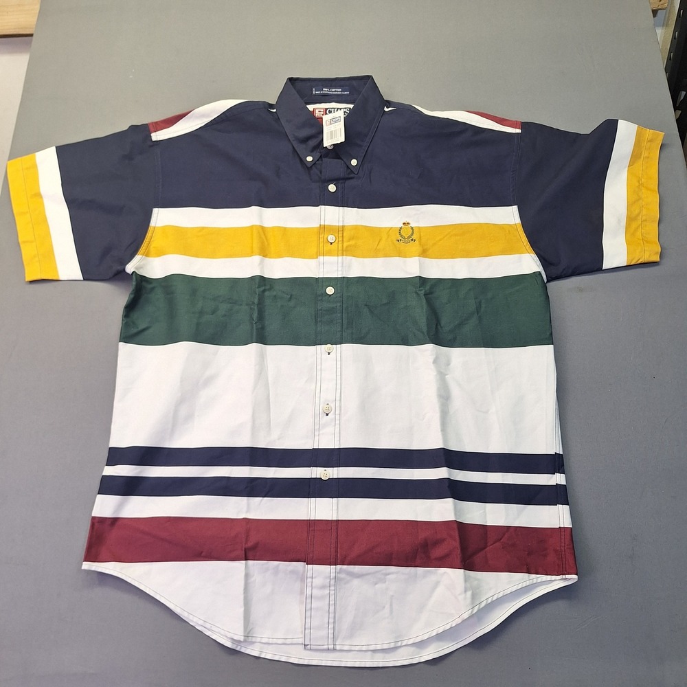 Chaps Polo Ralph Lauren Mens Large Short Sleeve Multi Color Stripe Button Down